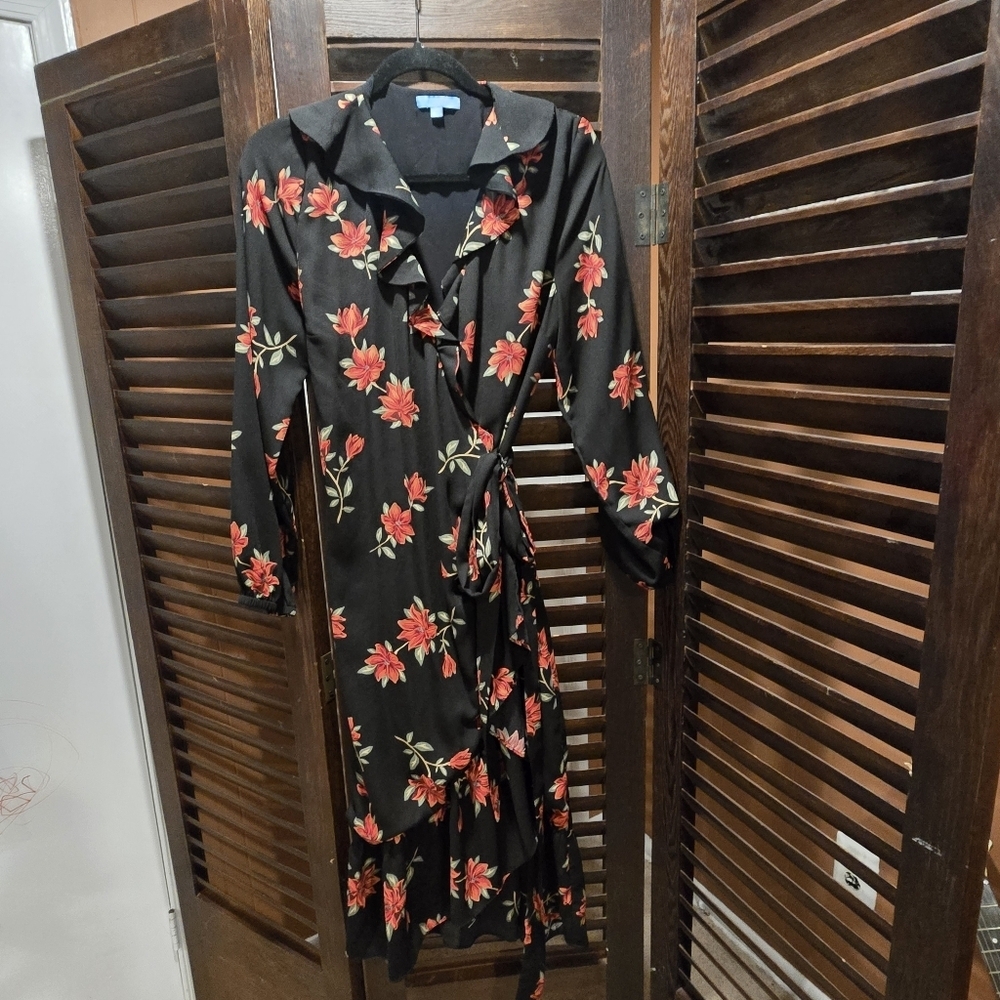 Draper James Black Wrap Dress with Red Floral Design